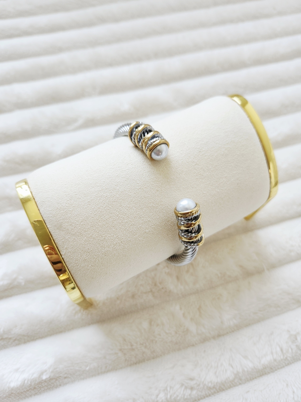 Silver Tone Cable Cuff Bracelet Gold Accents Faux Pearl Ends Twisted Rope